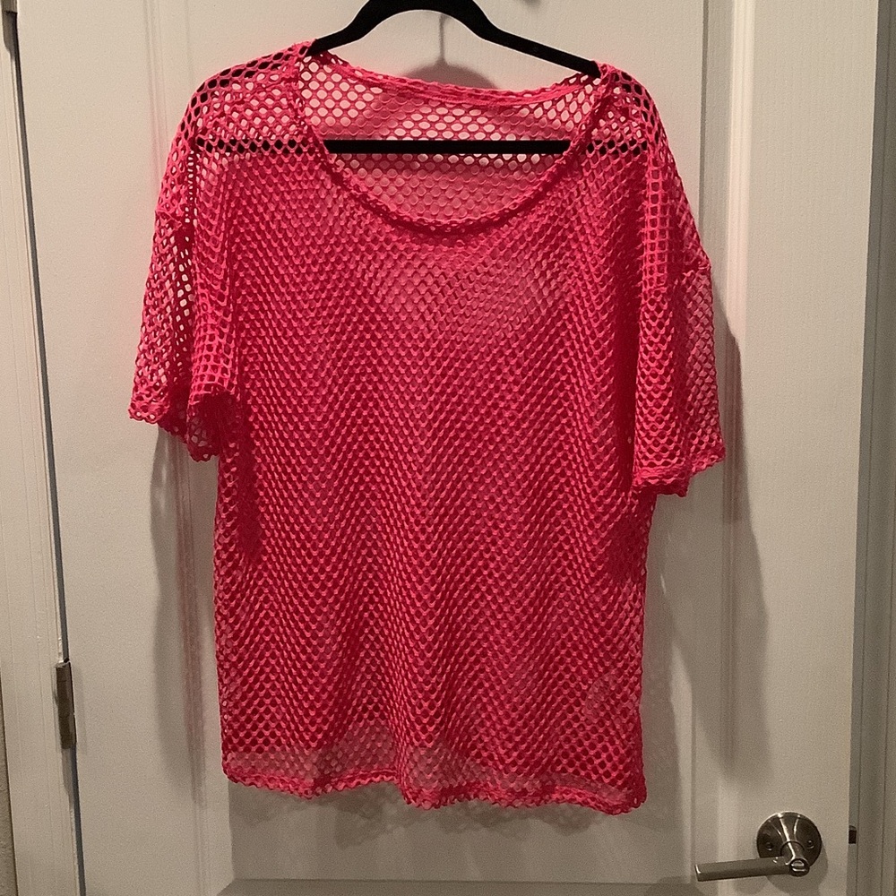 Source Unknown Hot Pink Sheer Mesh Short Sleeve Top